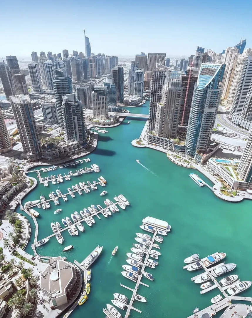 Dubai Marina from above, towers around the water
