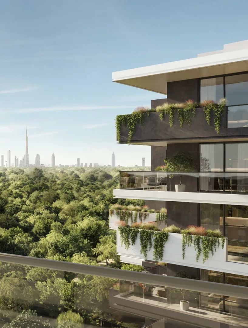 Planted balconies looking out towards the Dubai skyline