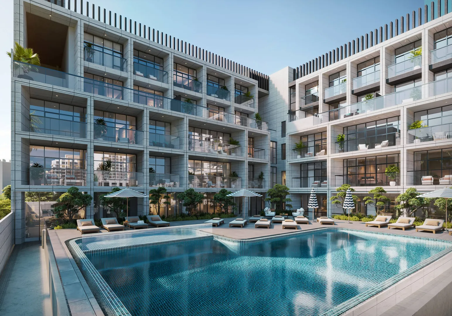 The courtyard pool between the residential blocks