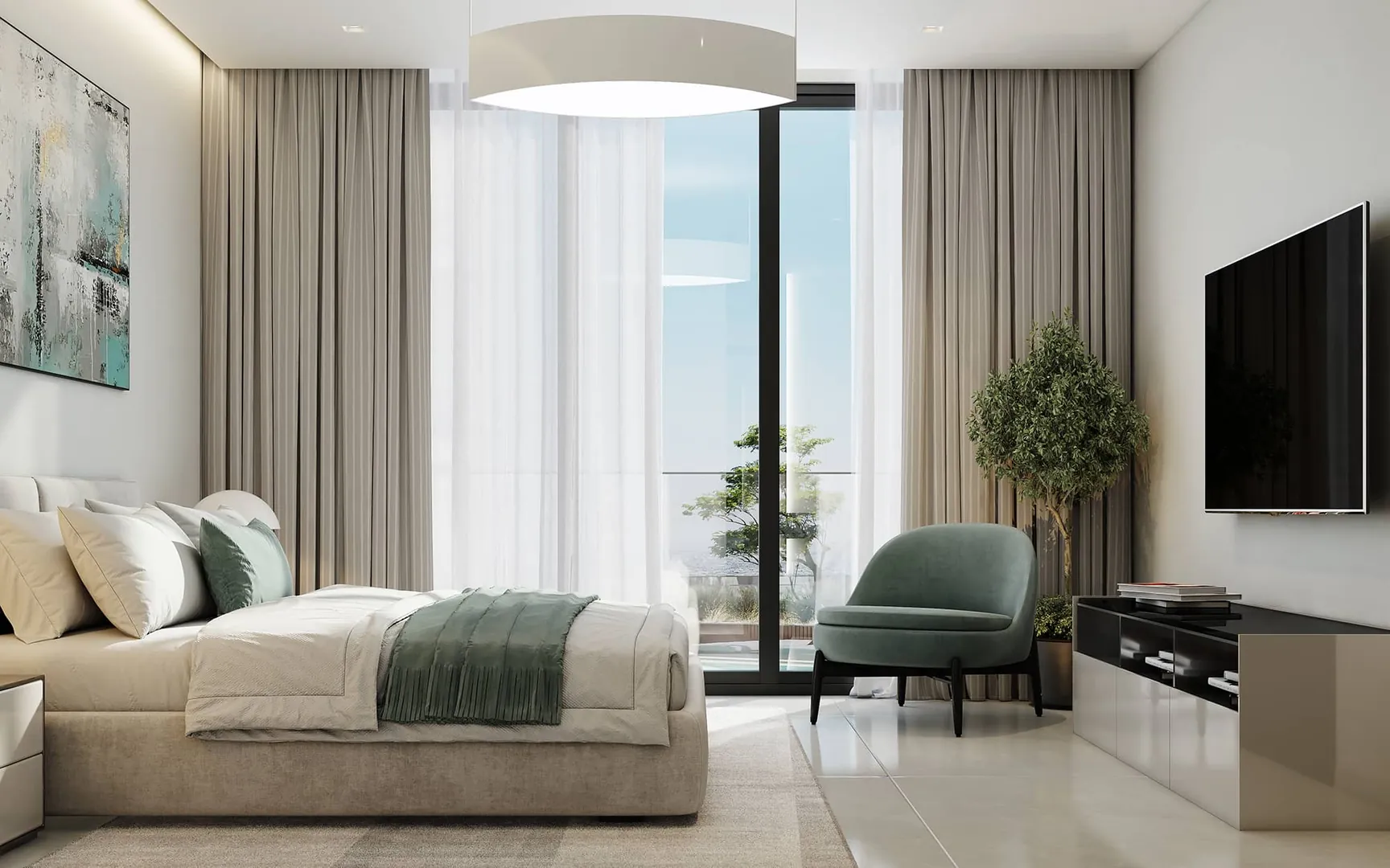 A bright bedroom with floor-to-ceiling windows