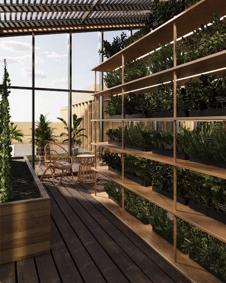 A terrace lined with a planted wall