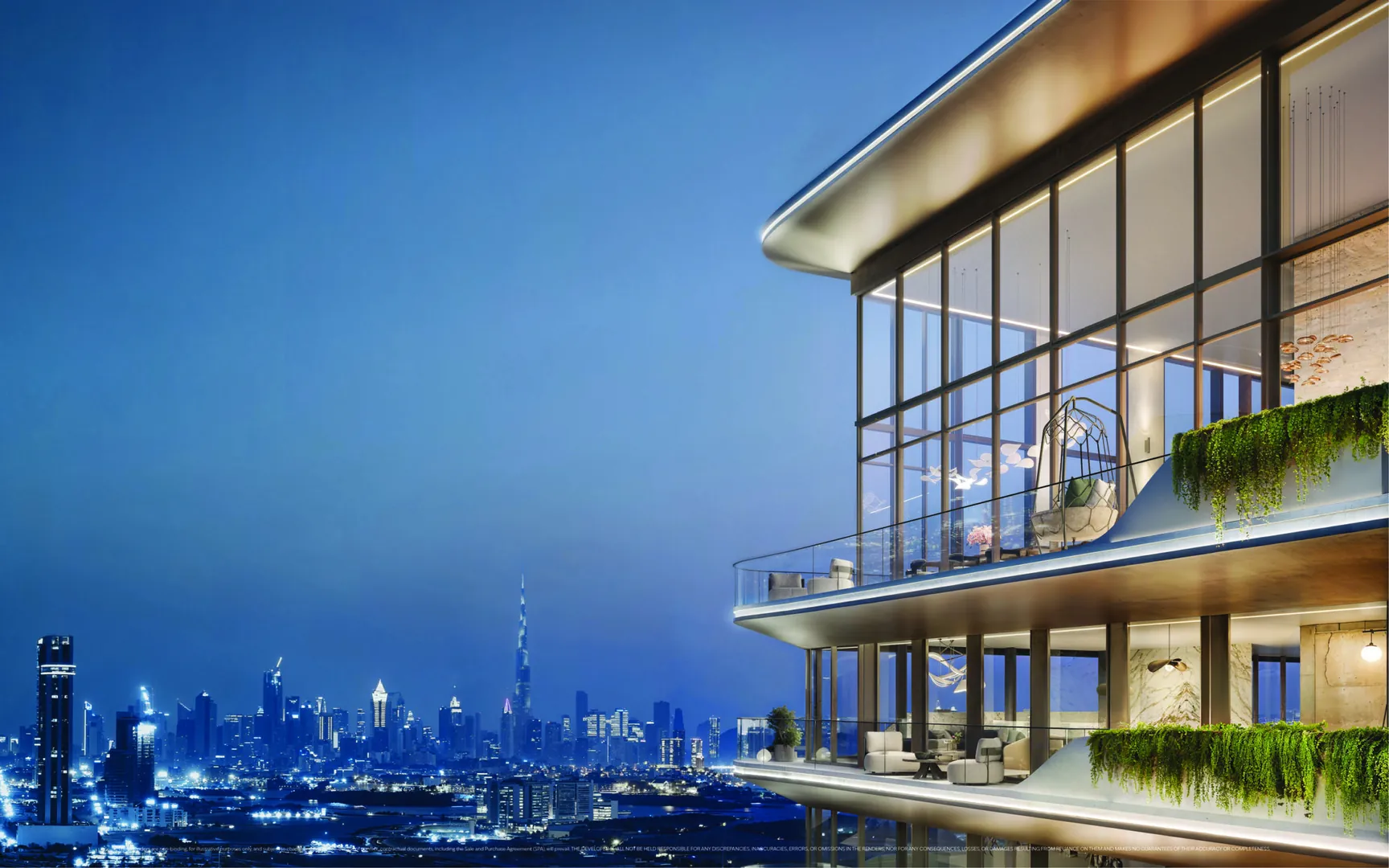 A penthouse terrace above Dubai at night