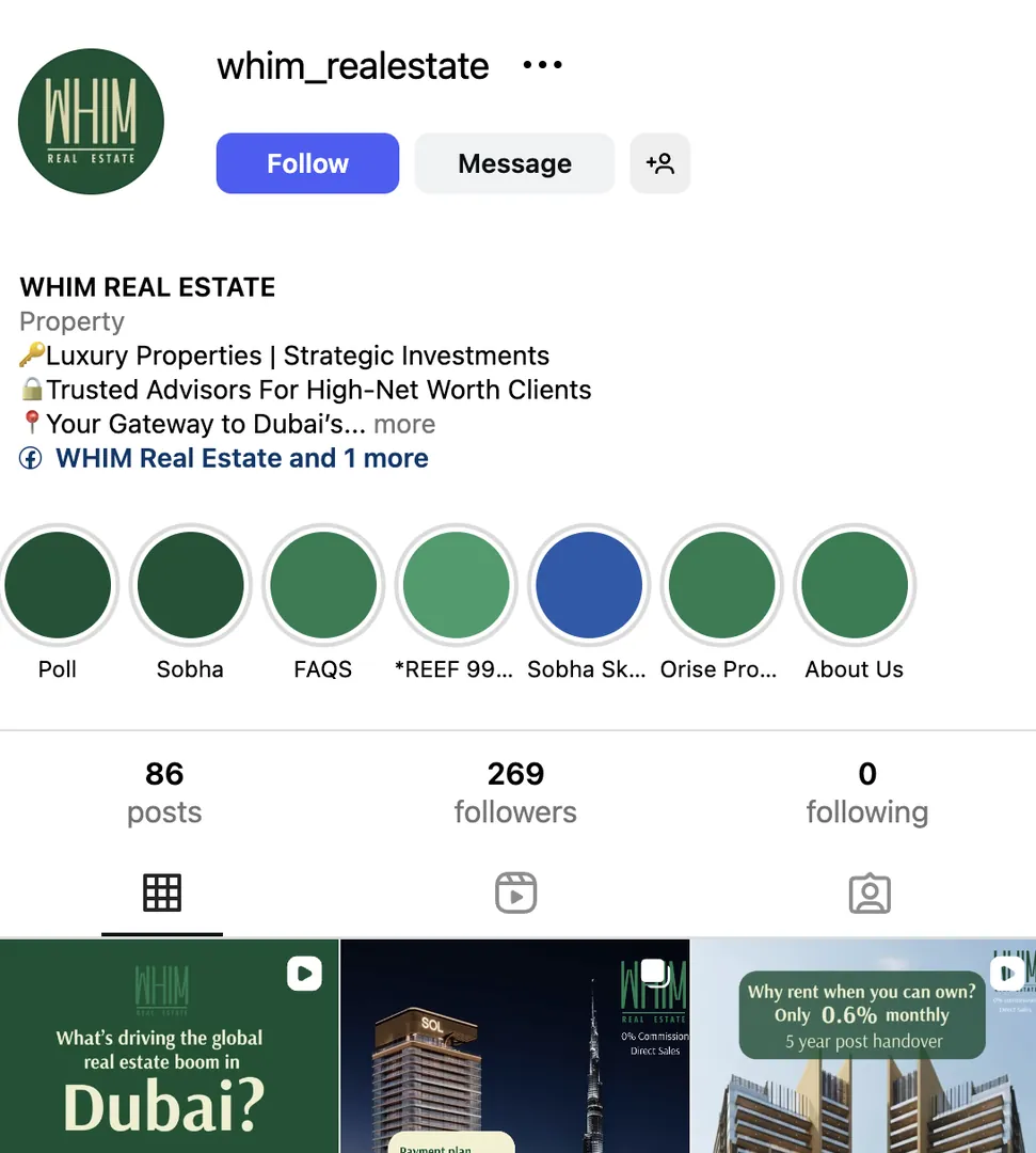 The WHIM Instagram profile with its story highlights